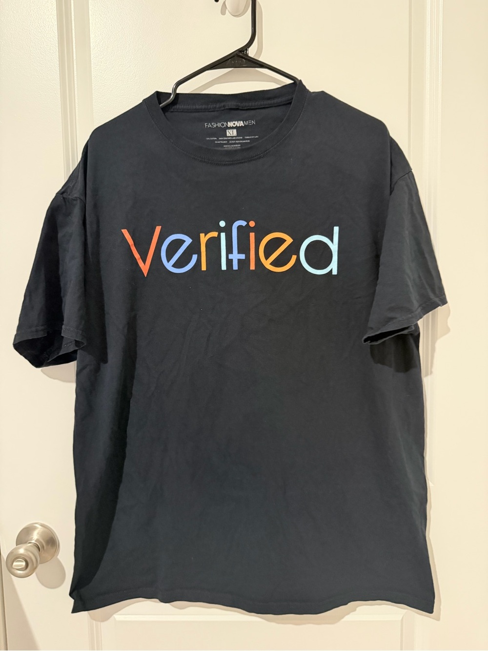 Fashion Nova Men’s Black Short Sleeve Tee with Multicolor "Verified" Graphic